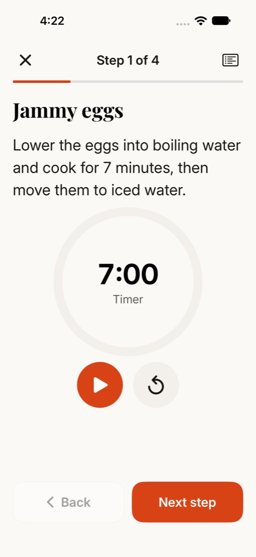 Savorena Cooking Mode showing a recipe step and a seven-minute timer