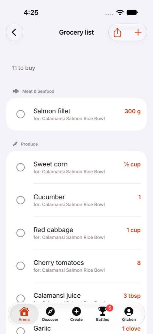 Grocery ingredients grouped by aisle